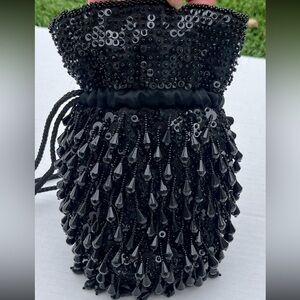 Vintage Black Beaded Flapper Gatsby Cocktail Drawstring Bag Purse